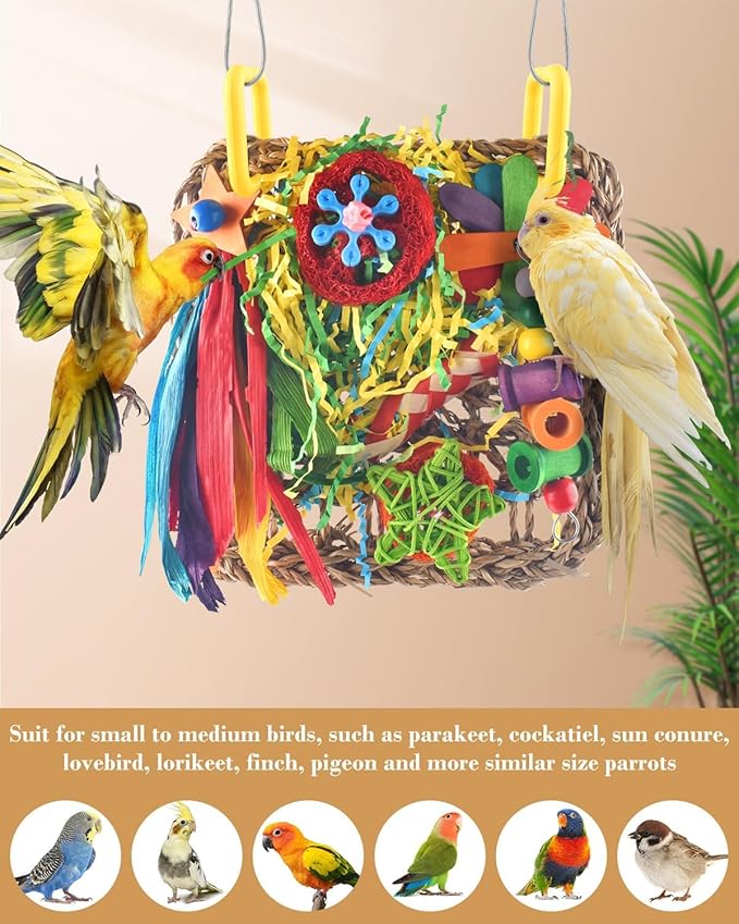 ERKOON Cockatiel Toys, Budgie Toys Foraging Toy Hanging Bird Toy for Lovebrid Parakeets Conures Parrot Foraging Wall with Colorful for Birds Shredding Seagrass, Birds Cage Accessories-2 Pack