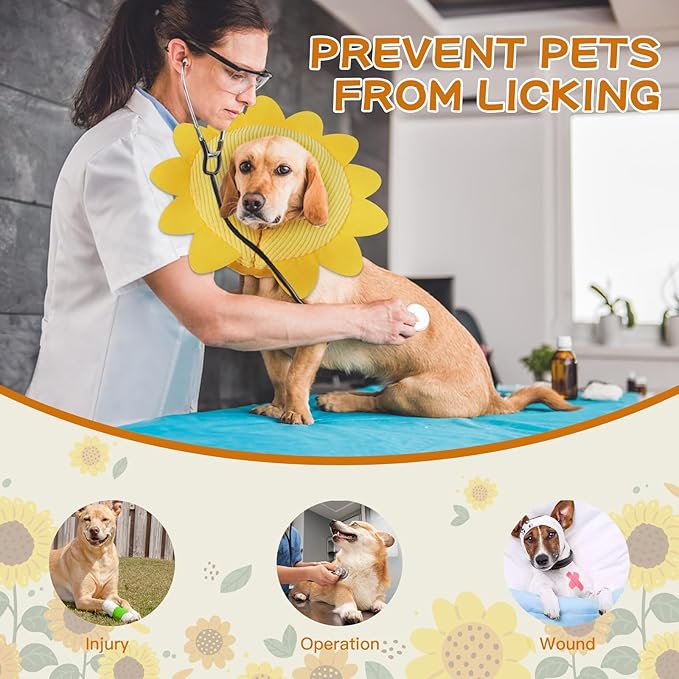 IEUUMLER Inflatable Recovery Dog Collar, Protective Donut Cone, Adjustable Soft Collar for Dog and Cat After Surgery Prevent from Biting & Scratching EU002 - Sunflower L+