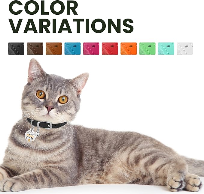 BRONZEDOG Leather Cat Collar with Removable Bells Non Breakaway Kitten QR Tag for Girl Boy (7" - 9" for Cats, Black & Silver) (Pack of 2)