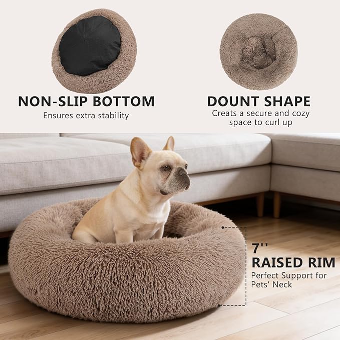 MIXJOY Orthopedic Dog Bed Comfortable Donut Cuddler Round Pet Beds Ultra Soft Washable Dog and Cat Cushion (20''/23''/30'') (23'', Brown)