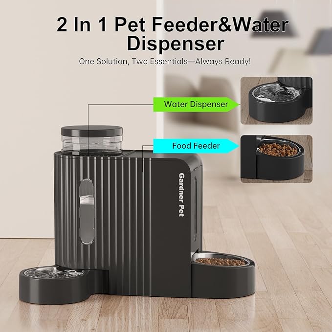 Gardner Pet Gravity Automatic 2-in-1 Pet Feeder, 0.8 Gallons*2 Cat Feeder and Water Dispenser Set, 100% BPA-Free and Stainless Steel Water Bowl for Dogs, Cats, Rabbits, Puppies (Black)