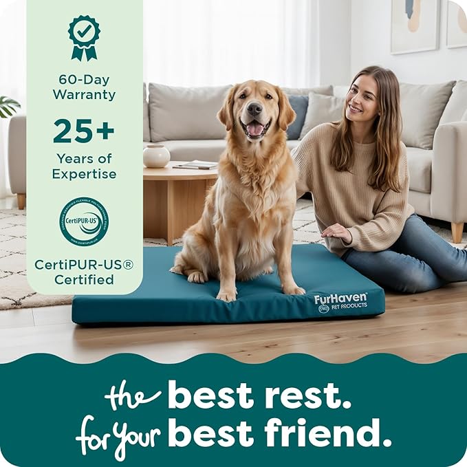 FurHaven Water-Resistant Orthopedic Dog Bed for Medium Dogs, Oxford Polycanvas Mattress with Orthopedic Solid Slab Foam for Joint Support, Removable Washable Cover, Medium, Deep Lagoon