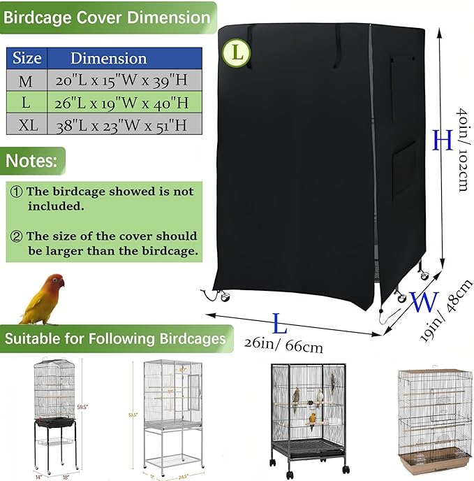 Universal Birdcage Cover Blackout & Breathable for Pets' Good Night, Bird Parrot Cage Cover Durable Washable for Parakeets Lovebirds Budgies Macaw Conure Square Cages, Large (26" L x 19" W x 40" H)
