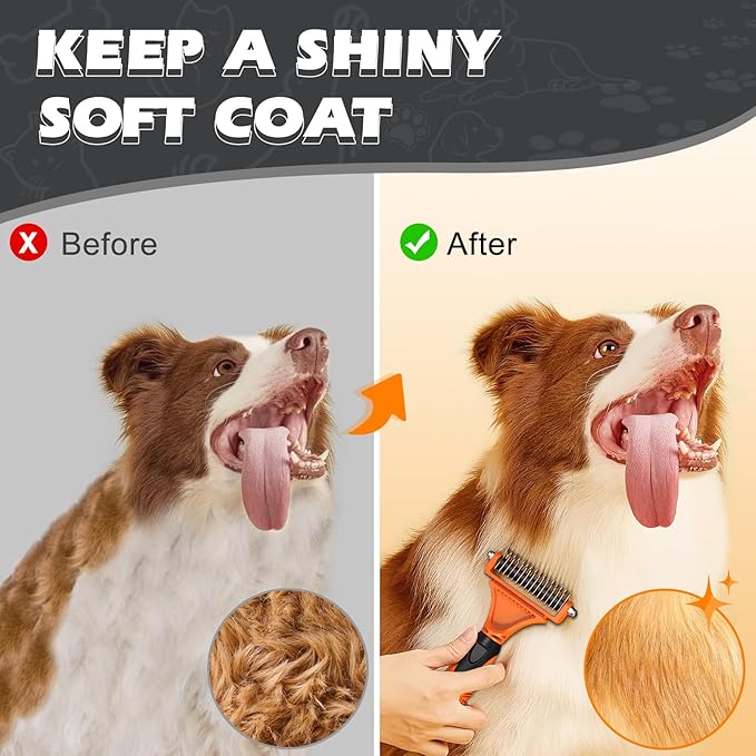 3PCS Pet Grooming Rake & Metal Comb & Flea Comb for Cats and Dogs, Double-Sided Dematting Tool, Extra-Wide Deshedding Dog Brush for Long Hair to Effectively Remove Tangles, Knots and Mats (Orange)