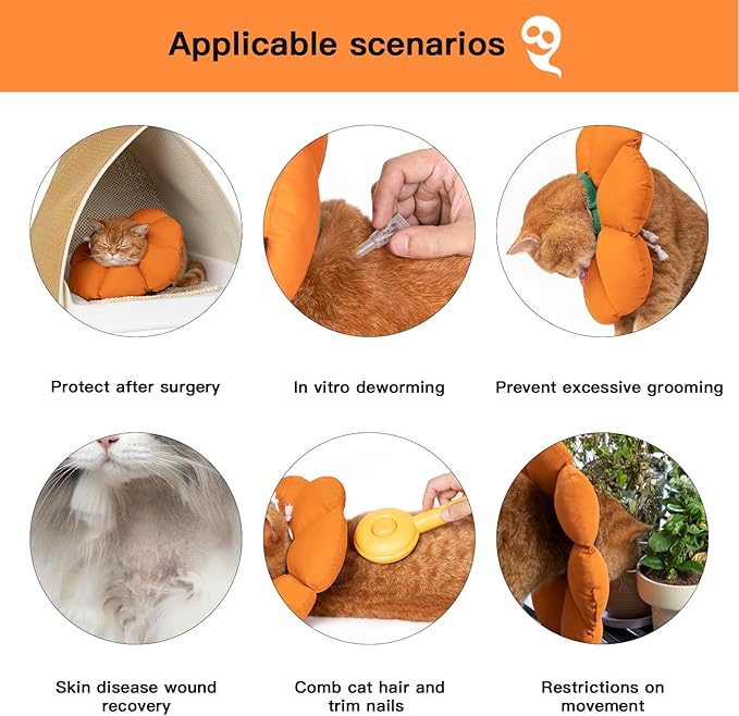 Cat Cone Collar,Cute Waterproof Recovery Collar,Anti-Bite Lick Wound Healing Safety Elizabethan e Collar for Cats,Orange Pumpkin Cat Halloween Costume