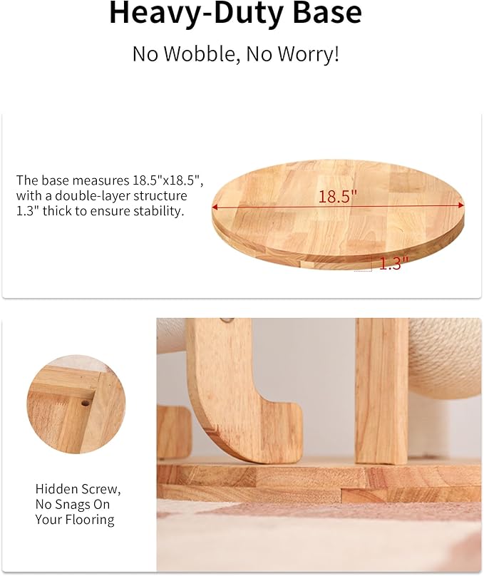 Wood Cat Tree for Large Cats, Modern Cat Tree Tower with Wide Shelves Cotton Scratching Posts, Super Sturdy Base, Cozy Perches, and Interactive Toys for Indoor Kittens