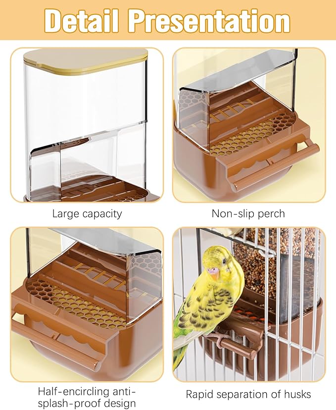 BNOSDM No Mess Bird Automatic Feeder Bird Cage Feeders Parrot Cage Accessories Transparent Seed Food Container with Perch for Finches, Parakeets, Budgies, Lovebirds, Cockatoos, Canaries (Brown)