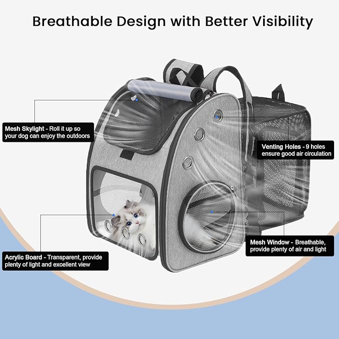 Expandable Pet Carrier Backpack for Cats, Dogs and Small Animals, Portable Pet Travel Carrier, Super Ventilated Design, Airline Approved, Ideal for Traveling/Hiking/Camping, Grey, XL