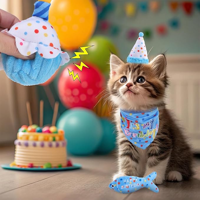 BINGPET Cat Birthday Catnip Toys for Indoor Cats, 5 Pcs Cat Birthday Gift Kitten Interactive Toys for Boy Girl Cats, Soft Plush Catmint Kitty Chew Kick Toy, Hat, Bandana, Balloon, Cake, Fish, Sky Blue