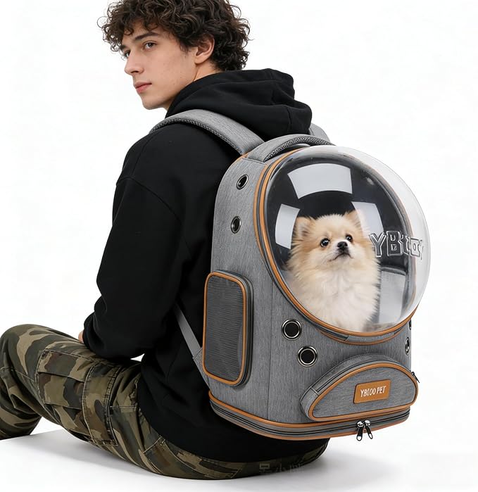 Cat Backpack Carrier, Breathable Cat Carrier Large Space Bubble Pet Backpack for Small Dog and Large cat up to 18lbs, Transparent & Foldable Pet Carrier for Travel Hiking (Grey)