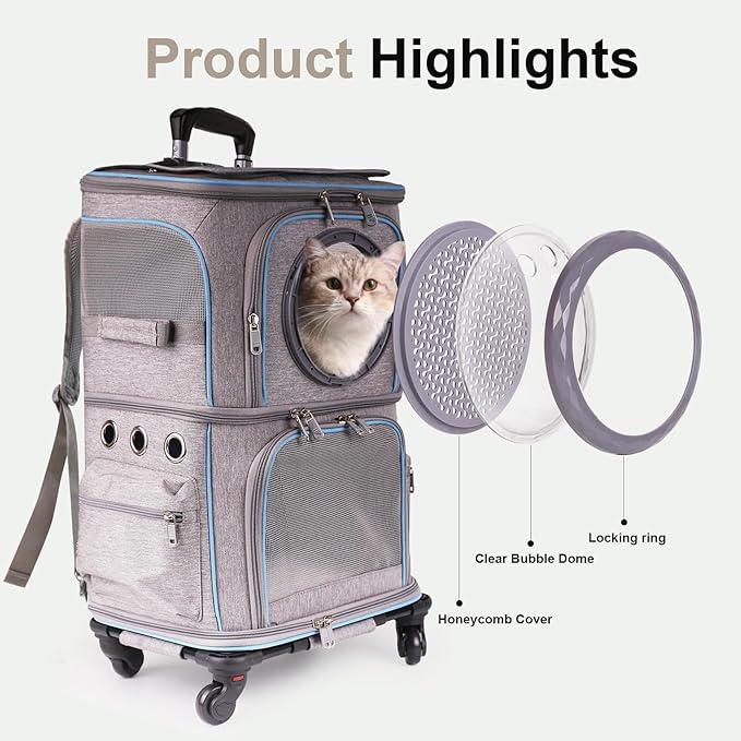 2-in-1 Pet Carrier Backpack for Two Cats or One Dog with Puller & Roller, Grey 2-Layer Dual Cabins Carry Bag for Large Fat Cat and Puppy Traveling and Hiking, Space Capsule Clear Bubble Dome