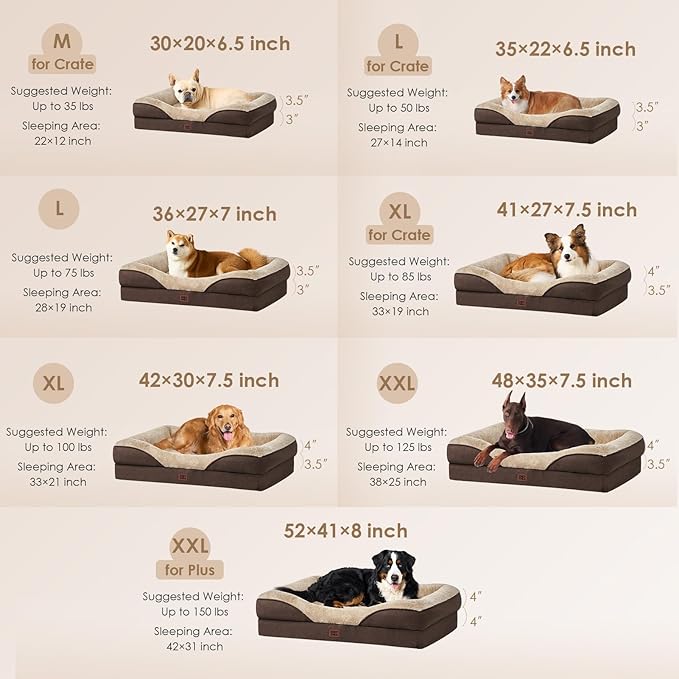 EHEYCIGA Orthopedic Dog Bed for Medium Dog, 35x22x6.5 Inch Memory Foam Dog Couch Bed with Sides, Waterproof Liner & Washable Removable Cover, Bolster Pet Sofa, Brown