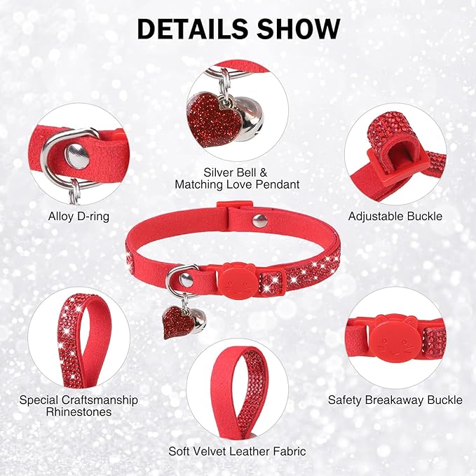 Rhinestone Cat Collar Breakaway with Bell, Diamond Cat Collar with Safety Buckle Quick Release for Girl Boy Small Kitten Pets Puppy,Cute Soft Female Male Cat Collars, Christmas 8-12"
