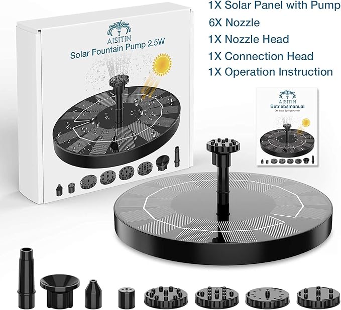 AISITIN Solar Fountain Pump 2.5W, 6.7" Solar Powered Water Fountain for Bird Bath, Solar Pump with 6 Nozzles for Garden, Ponds, Pool, Fish Tank, Outdoor and Aquarium, 2 Pack