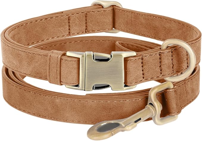 Genuine Leather Dog Collar - Adjustable Pet Collar with Quick Release Metal Buckle, Soft Skin Friendly Real Leather Collar for Small, Medium, Large Dogs (Brown Collar + Rope, M：Fit 12-20" Neck)