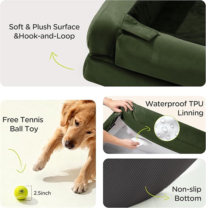 Orthopedic Dog Beds for Large Medium Dogs, Big Waterproof Memory Foam Pet Couch Bed with Removable Washable Cover, Tennis Ball Toy, 36x27