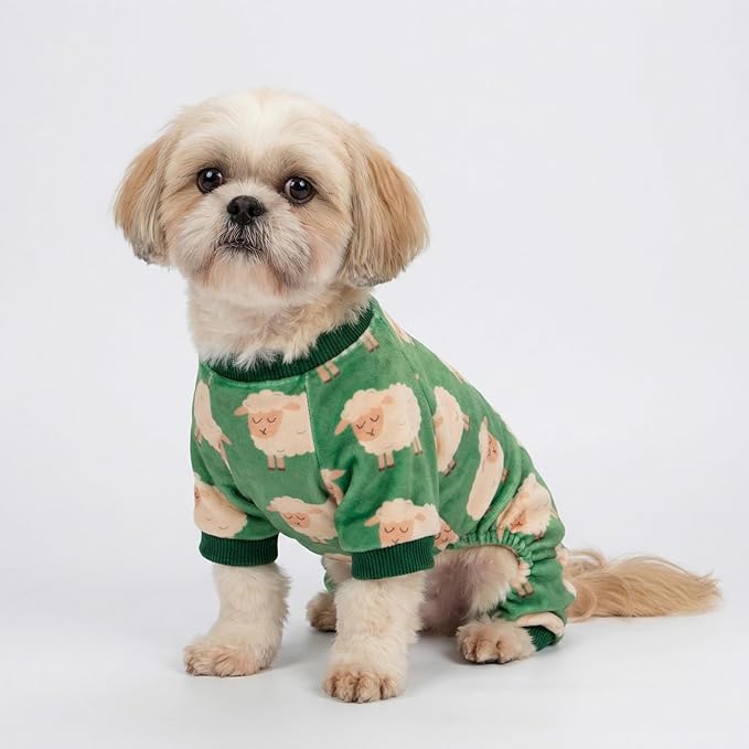 Fitwarm Funny Sheep Dog Pajamas, Warm Winter Dog Clothes for Small Dogs Boy Girl, Cozy Pet Onesie with Feet, Green, White, XXL