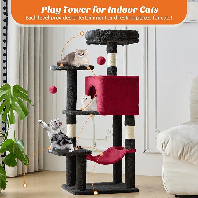 Cat Tree Tower 44 Inch, Small Cat Tower with Condo, Hammock, Sisal Scratching Posts, Extended Perch, Pet Play House for Indoor Kittens and Cats, Black Red
