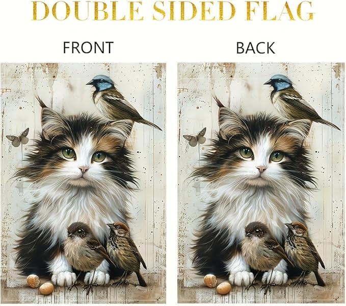 Cat and Birds Garden Flag 12x18 Inch Double Sided Outdoor Yard Banner Fluffy Kitten with Songbirds Design for Spring Summer Porch Lawn Home Decoration