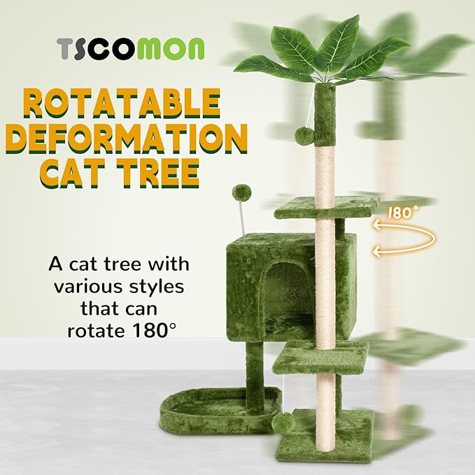 52in Multi-Level Cat Tower with Sisal Scratching Posts, Hidden Cave & Perch Platform, Large Cat Condo for 1-3 Cats, Eco-Friendly Pet Furniture with Realistic Leaves, Green