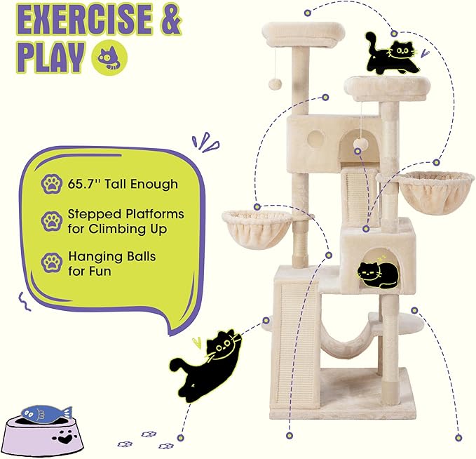 WEEWAY Cat Tree Tower for Indoor Cats,65'' Multi-Level Cat Furniture Activity Center,Stand House Condo Cave,Sisal Scratching Posts Ramps,Plush Perches Platforms Basket Hammock,Beige