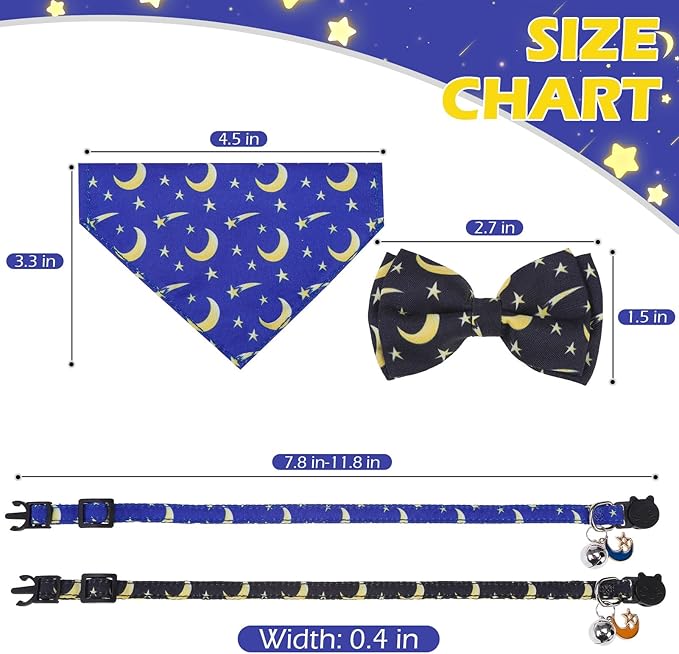 EXPAWLORER Cute Cat Collar Breakaway with Bells - 2 Pack Adjustable Pet Collar with Removable Bow Tie and Bandana, Safety Buckle for Girl Boy Cats Kitten, Star-Moon