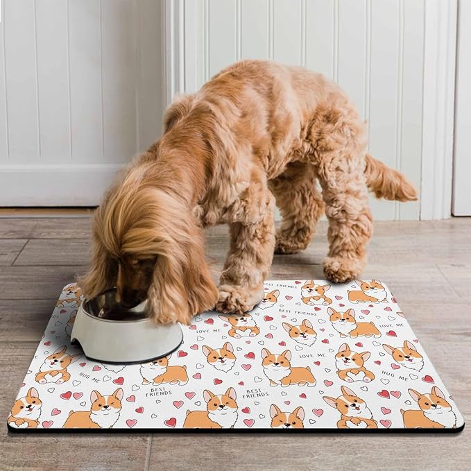 Corgi Dog Food & Water Mat, Pet Feeding Mat for Floor Non-Slip Waterproof, Super Absorbent Cat Bowl Mat, Easy to Clean Eco-Friendly Durable Pet Placemat,16" × 24"