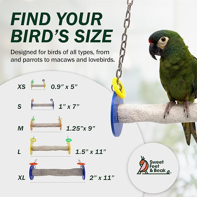 Sweet Feet and Beak Roll Bird Swing - Pumice Perch Bird Toys Trims Nails and Beaks, Safe and Non-Toxic Bird Cage Accessories for Small and Large Birds, Swinging Toys Birds Will Love, XSmall 4.5 Inches