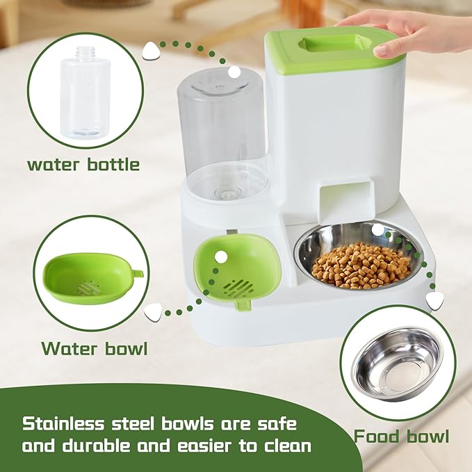 2 in 1 Automatic Cat Feeder & Water Dispenser,Gravity Pet Feeder Stainless Steel Food Water Bowl All-in-One Large Capacity Self Feeding for Cats Dogs Small Medium Pets(Green)