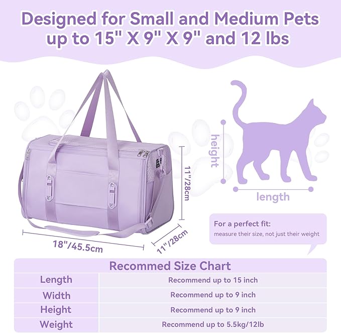 PETSFIT Soft-Sided Cat Carrier with Patented Safety Buckles, Lockable Zippers & Safety Tether,Escape-Resistant Travel Pet Carrier for Car Rides & Vet Visits, Airline Approved Under-Seat, Up to 12 lbs