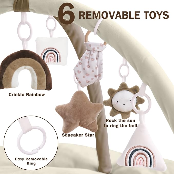 Little Dove 5-in-1 Convertible Baby Play Gym with 6 Toys, Tummy Time Mat for Sensory Development, Baby Activity Center for Newborn & Toddler, Ball Pit, Soft Pet Mat, No Ball Included Brown