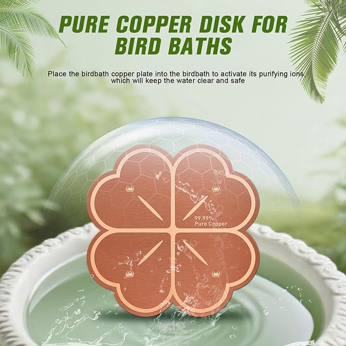 Bird Bath Copper Disk,Four-Point Support Design 99.99% Pure Copper Cleaning Disk 1 mm Thick Universal fit for Outdoor Bird Baths, Physical Safe Providing Clean Water for Bird Bowls All-Season