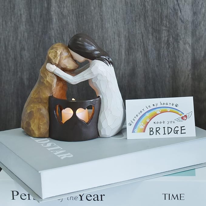 Dog Memorial Gifts，Pet Loss Gifts，Hand-Sculpted Dogs Passing Away Sympathy Gift，Remembrance Gift ，Dog Lovers Candle Holder Statue with LED Candle