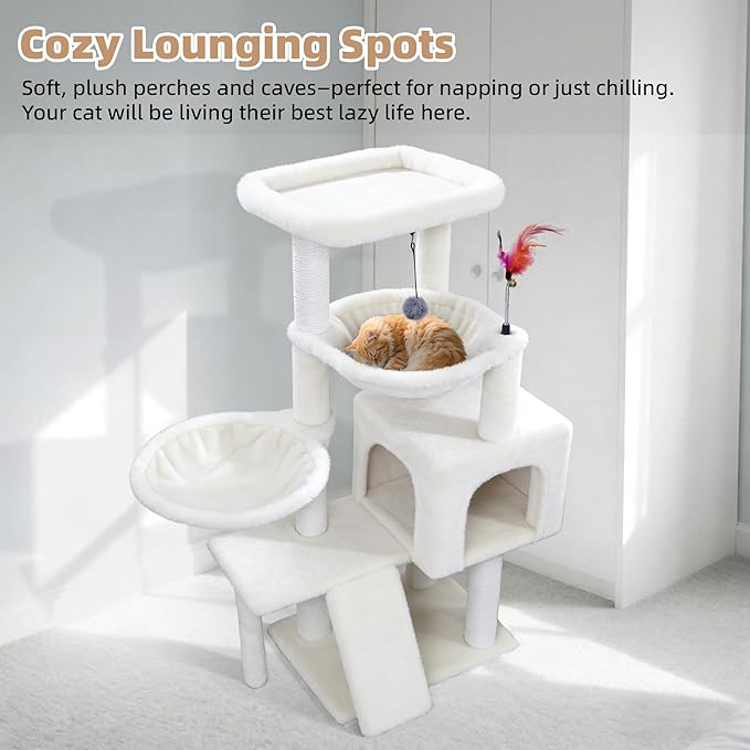 Cat Tree with Cat Condo and Two Hammocks, Cat Tree with Scratching Posts and Scratching Pads, Cat Tower for Indoor Cats, Activity Centre Climbing Tree with Playful Toy Balls, Beige
