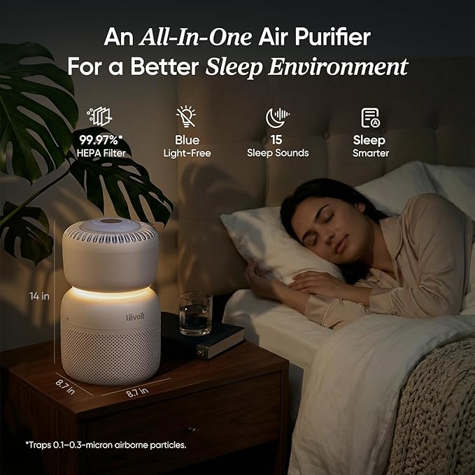 LEVOIT Air Purifier for Home Bedroom with HEPA Filter, White Noise Sound Machine and Blue Light-Free Night Light Support Better Sleep, AHAM VERIFIDE, 5 Air Quality Monitor, Smart WiFi, Sprout