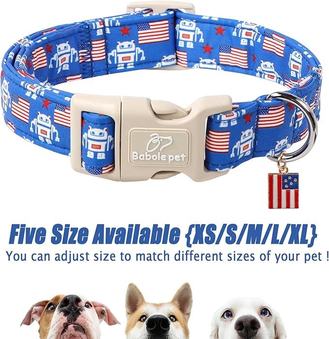 4th of July Dog Collar, Robot Star-Spangled Patriotic Dog Collars for Medium Dogs, Adjustable Lightweight Quick-Release Buckle Collar for Boy&Girl Dogs M