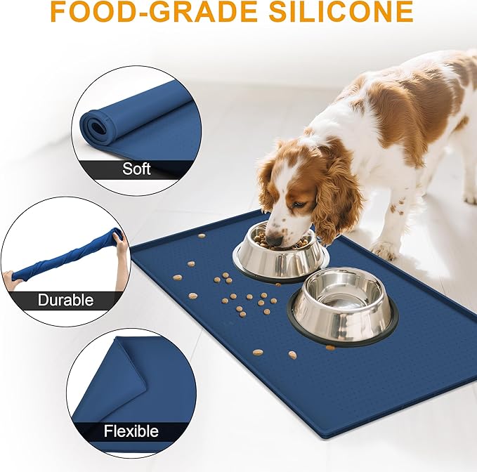 Mofason Pet Food Mat Waterproof Dog Mat 24”x16” Large – 0.5” inch Raised Edge, Pet Cat Silicone Feeding Placemat Water Bowl Tray for Floors, Nonslip Washable Dog Mat for Food and Water