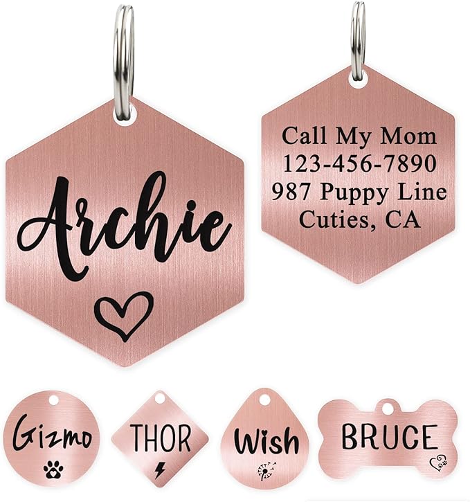 Ultra Joys Personalized Hexagon Dog Tag - Brushed Stainless Steel, Rose Gold, Small