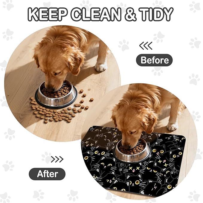 Cat Food Mat for Pet Dog Food Mat, Black Cat Absorbent Quick Dry Dog Bowl Mats for Food and Water, Non-Slip Cat Pet Feeding Mats for Floor Placemats 12"x20"