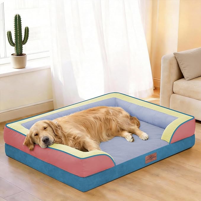Comfort Expression Orthopedic Dog Bed for Extra Large Dogs 42x30 Inch, Waterproof Egg Crate Foam XL Pet Bed with Removable Bolsters, Dog Couch with Washable Cover & Non-Slip Bottom, Funfetti Fiesta