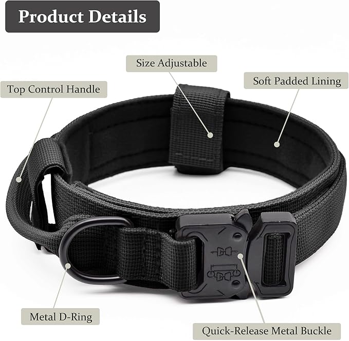 Tactical Dog Collar, Adjustable Military Training Nylon Dog Collar with Control Handle and Heavy Quick-Release Metal Buckle for Small Medium Large Dogs, Black XL