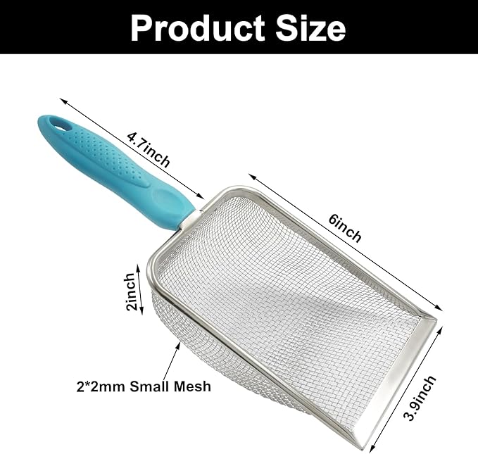 Murtenze Stainless Steel Cat Litter Scoop, Non-Stick Coated Metal Fine Sand Litter Scoop, Mesh Shovel for Reptile Kitten Pooper (Blue, 2mm mesh)