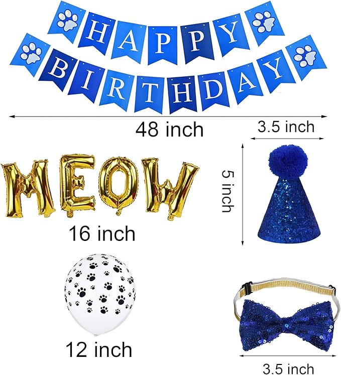 Cat Birthday Party Supplies, Cat Birthday Hat with Number Bandana Bow Tie Banner Balloons Meow Letter Balloons for Cats Kittens Decorations