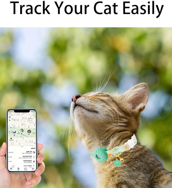 Breakaway Cat Collar with Airtag Holder,Kitten Collar with Apple Air Tag Holder and Bell for Girl Boy Cats, 0.4 Inches in Width and Lightweight. (Green Sunflower)