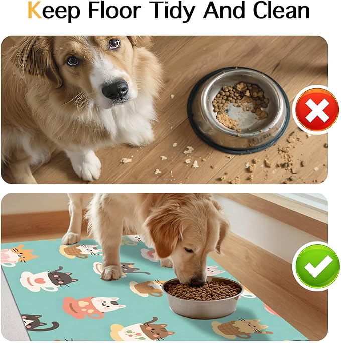 Cat Feedings Mats 20x12 inch Teacup Cat Print Pet Bowl Placemat Non Slip Mat for Cats Food and Water Indoor Kitty Feeding Station Cute Cats Meal Mat for Small Pets Kitchen Floor Use