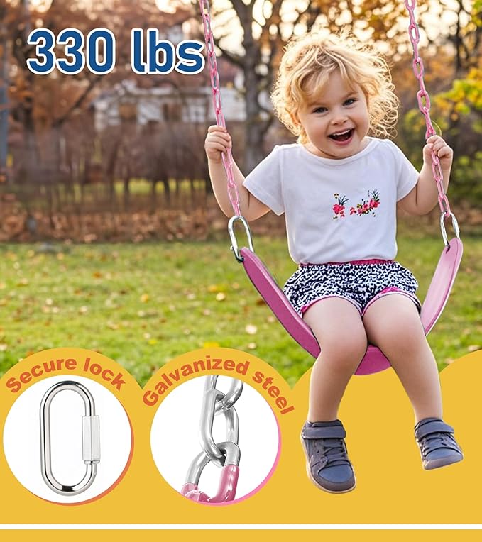 2 Pack Heavy Duty Swing Seats with 66" Rust-Resistant Chains, Swing Set Accessories Replacement with Quick Links, Kids Swings Supports 330 lbs for Outdoor Playground Trees, Pink