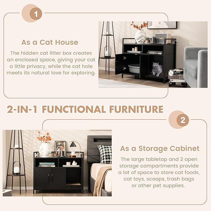 Giantex Cat Litter Box Enclosure - Cat Washroom Hidden Furniture with Front Entry, Scratcher, 2-Door Storage Cabinet, 2 Compartments, Air Vents, Metal Frame, Wooden Pet Crate House (Black)