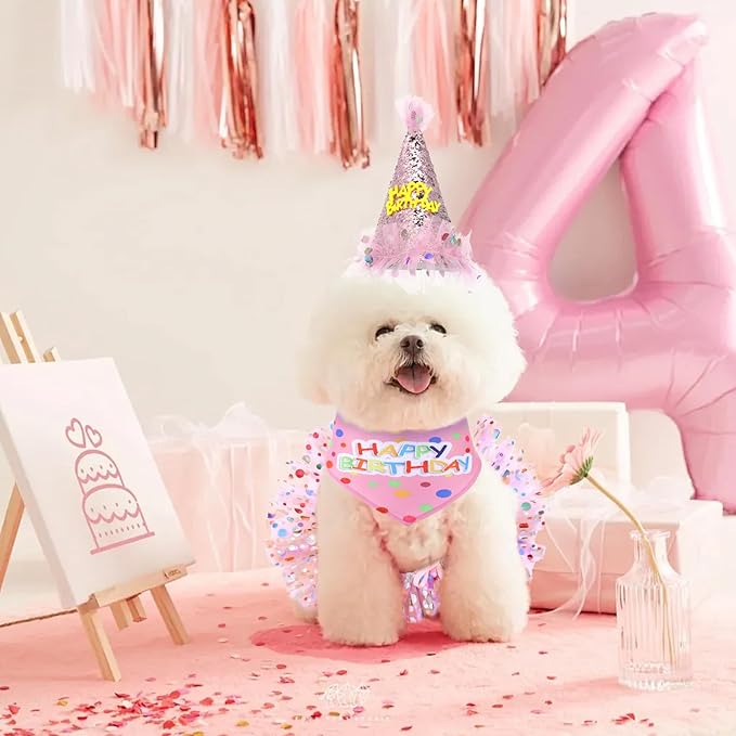 Dog Birthday Bandana with Hat and Dress Girl Set Puppy Birthday Party Supplies Cute Tutu Skirt Outfit for Small Medium Large Dogs Decorations