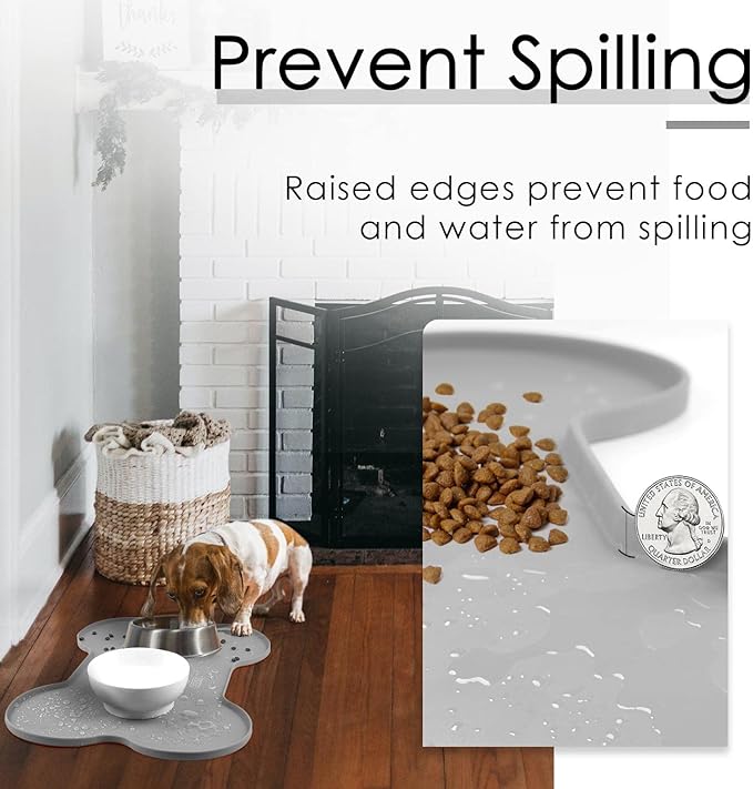 Super Design Dog Food Mat Dog Bowl Tray for Food and Water, Silicone Non-Spill Waterproof Pet Feeding Mat Puppy Placemat Easy-Clean, 20.5" x 14.5", Grey