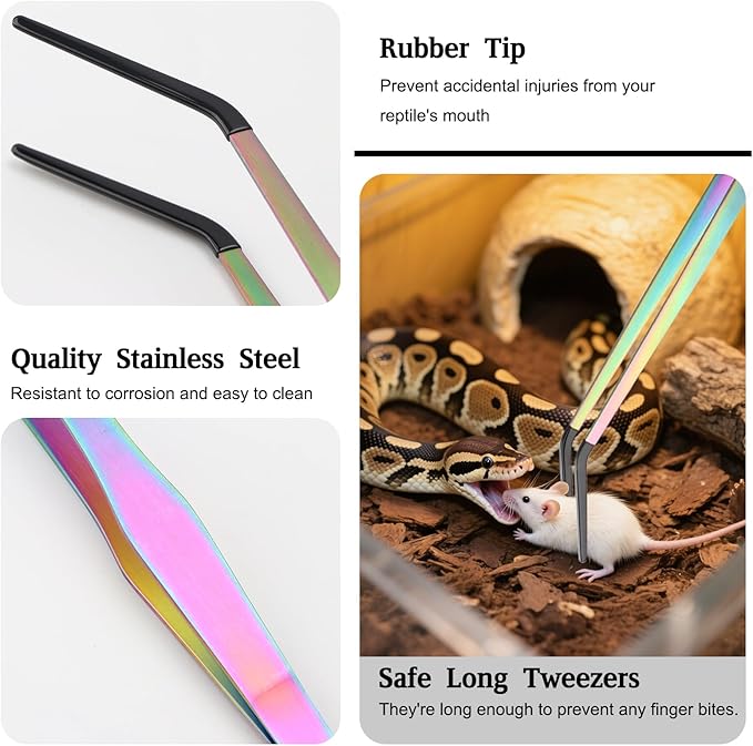 OLIISS Reptile Feeding Tongs with Rubber Tip - 15" Extra Long Tweezers for Aquariums & Crafts - Stainless Steel Feeder Tools for Bearded Dragons & Lizards - Terrarium Tank Supplies - 2 Pack